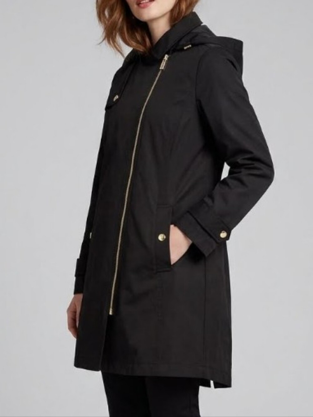 Michael Kors Black Hooded Trench with Gold Hardware